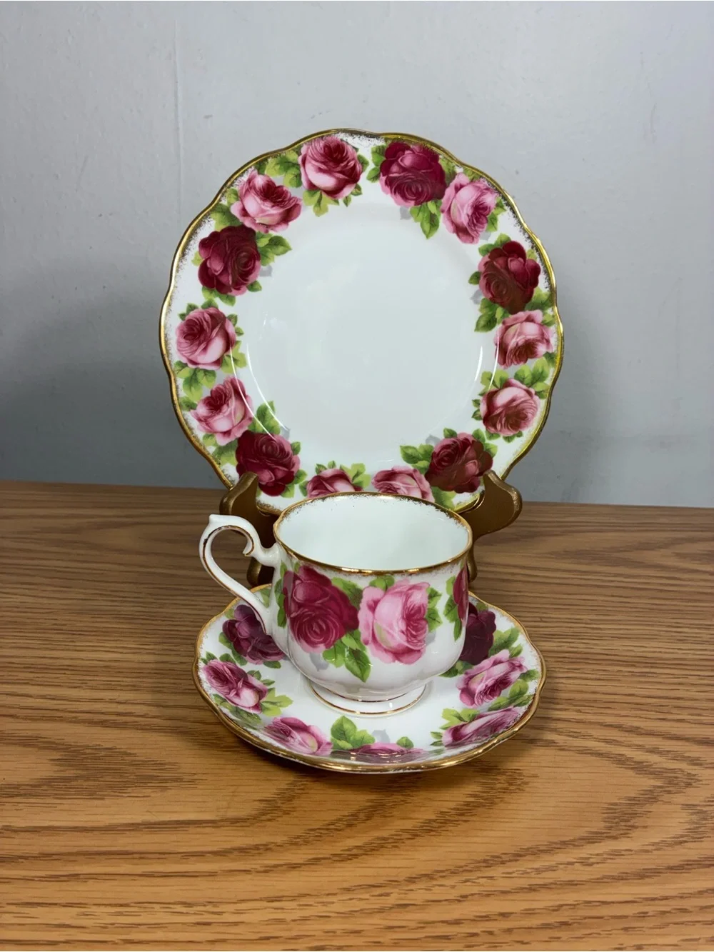 Royal Albert English Rose Pattern Teacup, Saucer & Plate – Pink and Burgundy